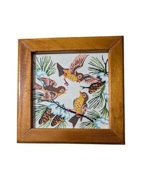 Paint By Numbers Framed Art Brown Birds MCM Folk Art Pine Needles Snow Scene Woo